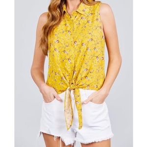 Sleeveless button down front tie shirt